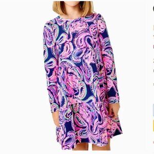 Lilly Pulitzer girls mini Arlette dress in high tide navy flock to the top L/XL